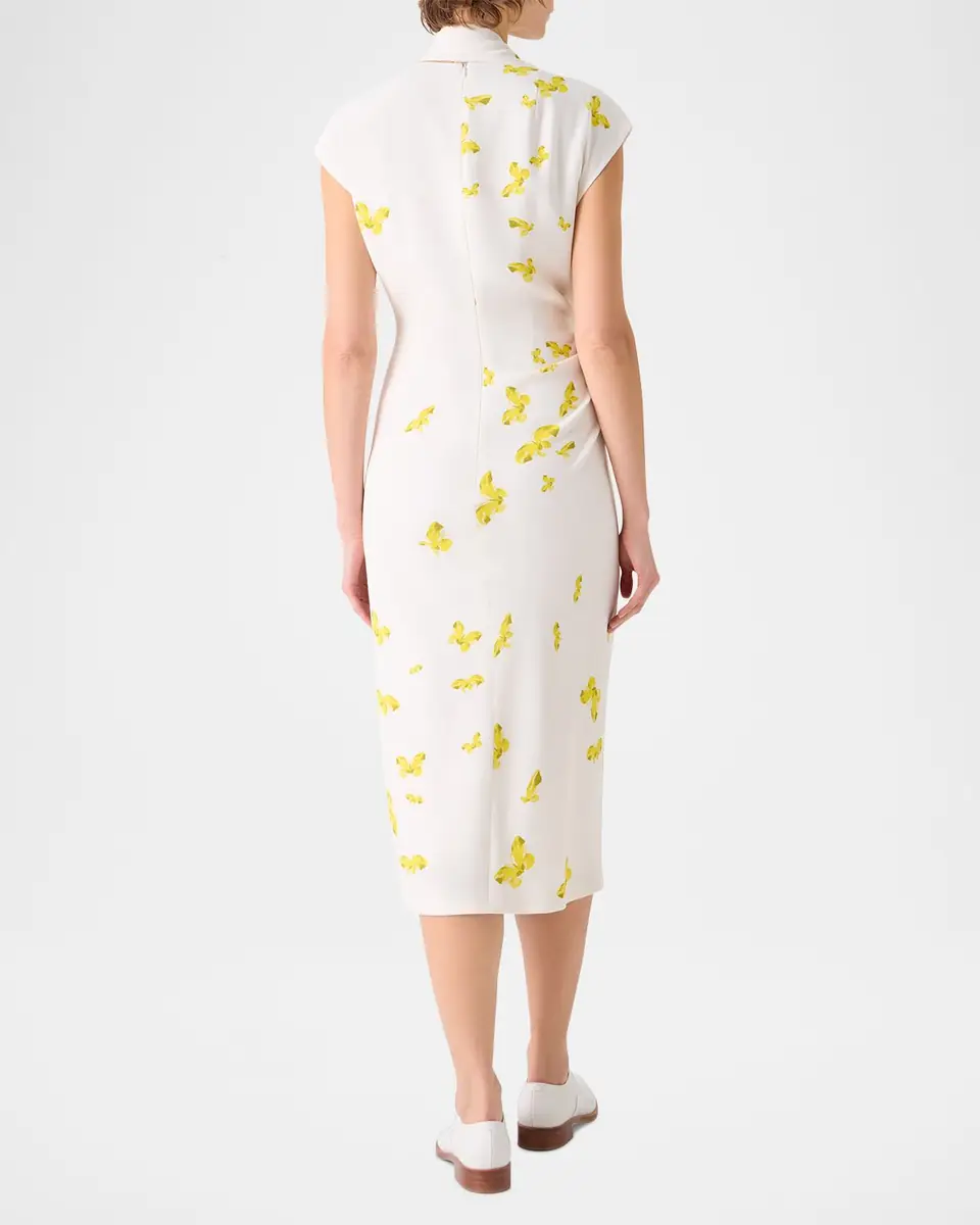 Akris Butterfly-Print Viscose Crepon Ruched Midi Dress With Scarf | Thumbnail 2 Akris Butterfly-Print Viscose Crepon Ruched Midi Dress With Scarf | Thumbnail 2