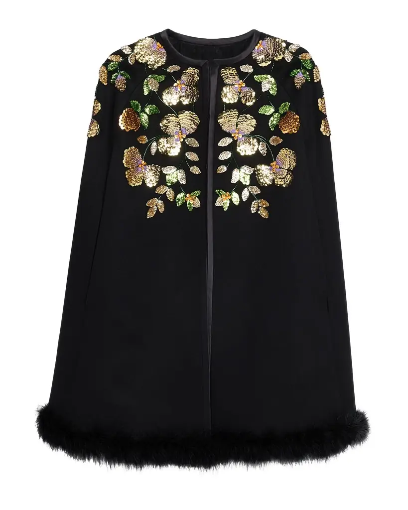 Valentino Garavani Embroidered Cashmere Cape With Feather Trim | Image 1 Valentino Garavani Embroidered Cashmere Cape With Feather Trim | Image 1