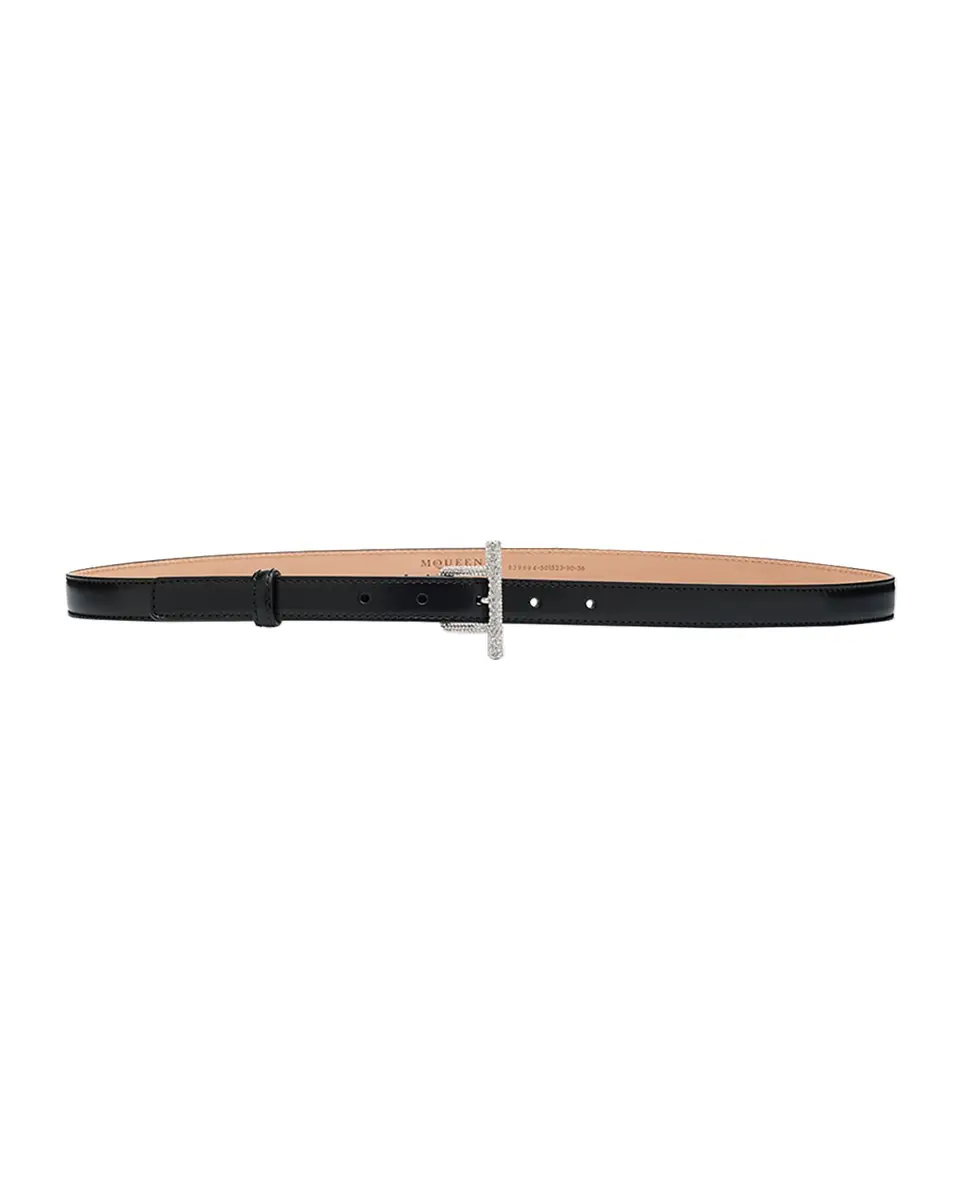 Alexander McQueen Crystal T-Bar Leather Skinny Belt | Thumbnail 2