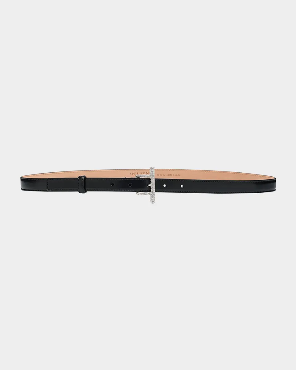 Alexander McQueen Crystal T-Bar Leather Skinny Belt | Thumbnail 3
