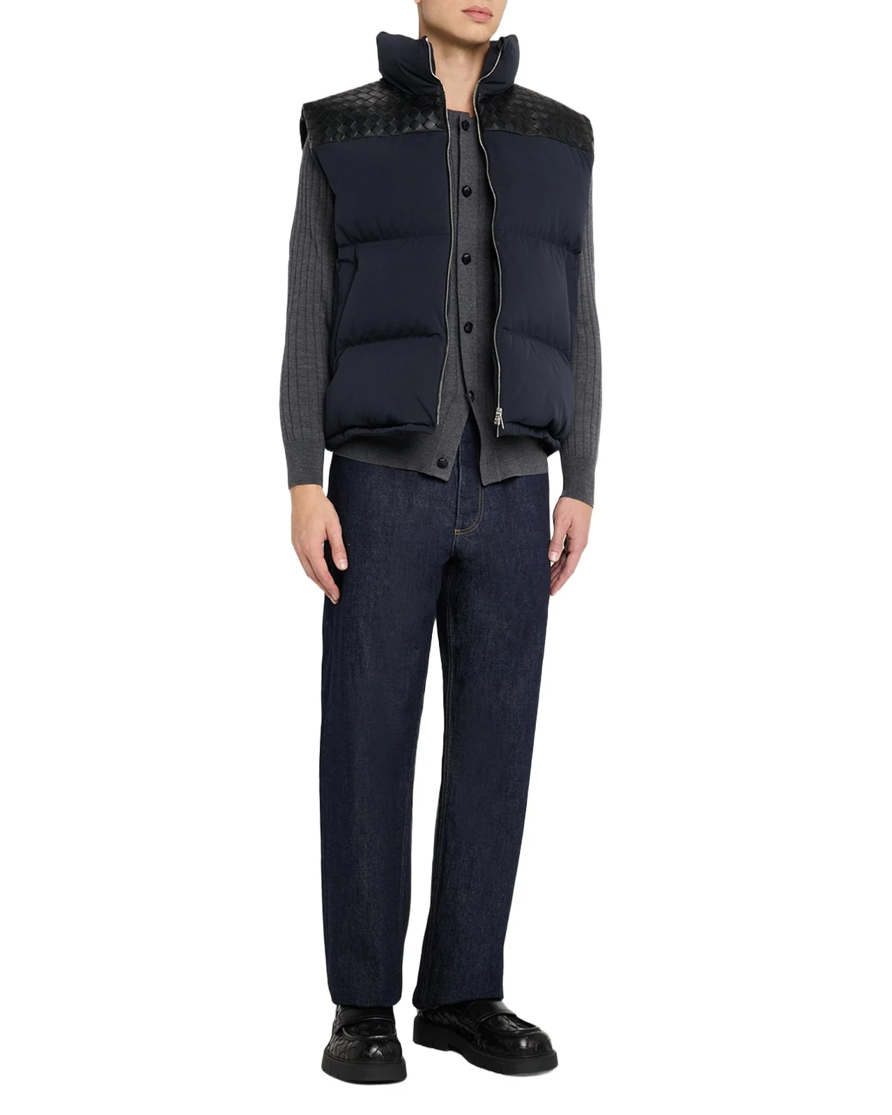 Men's Tech Puffer Vest with Intrecciato Leather Detail Men's Tech Puffer Vest with Intrecciato Leather Detail