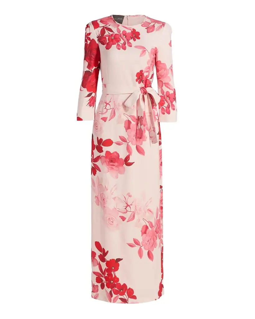 Monique Lhuillier Rose-Print Crepe Belted Bracelet-Sleeve Maxi Dress | Image 1 Monique Lhuillier Rose-Print Crepe Belted Bracelet-Sleeve Maxi Dress | Image 1