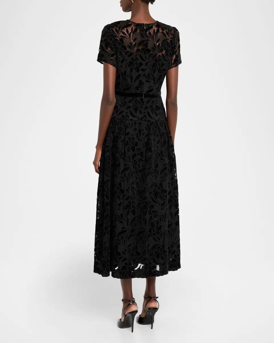 Shoshanna Farah Puff-Sleeve Velvet Lace Midi Dress | Thumbnail 2