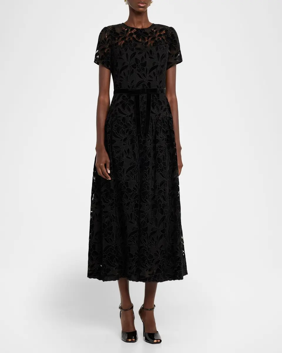 Shoshanna Farah Puff-Sleeve Velvet Lace Midi Dress | Thumbnail 3