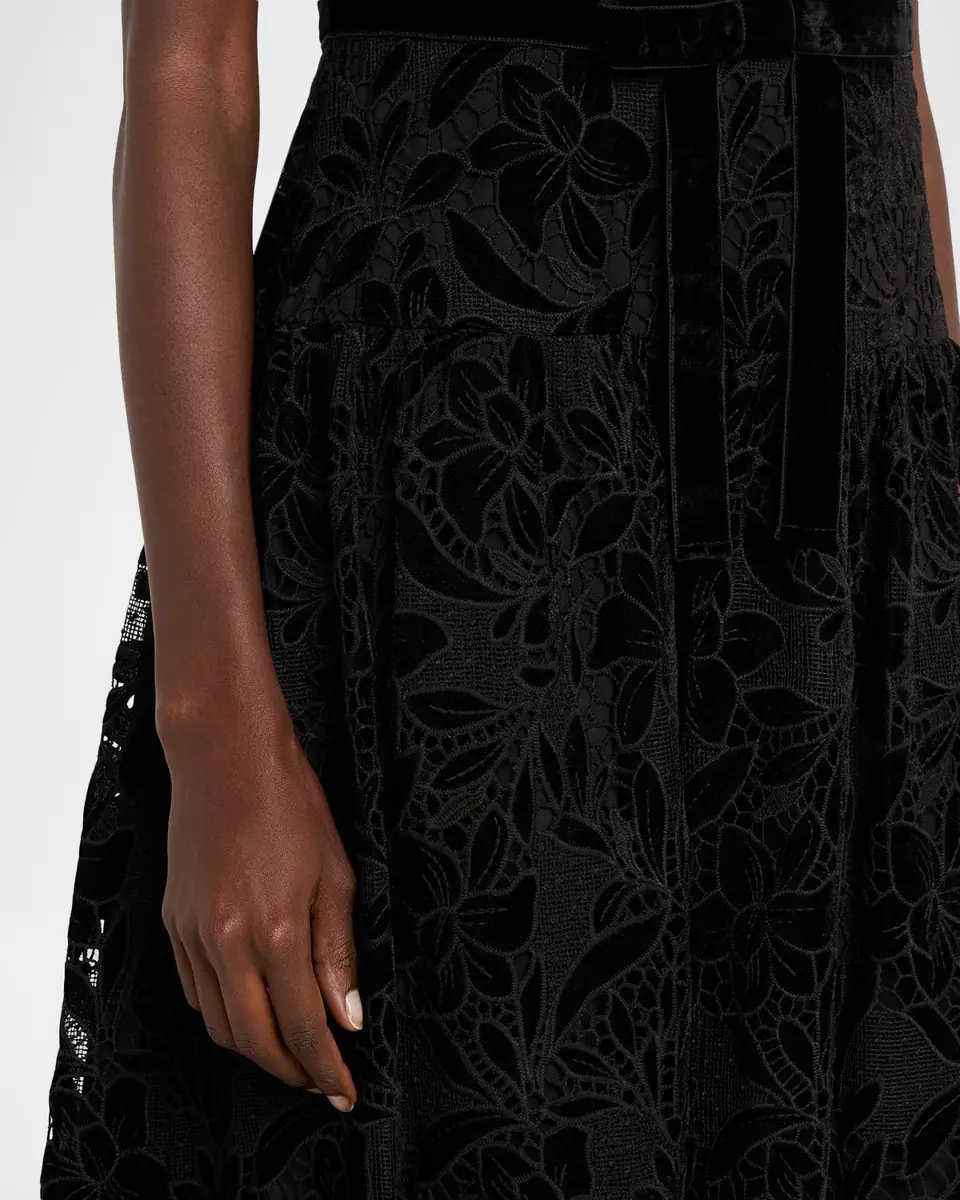 Shoshanna Farah Puff-Sleeve Velvet Lace Midi Dress | Thumbnail 4