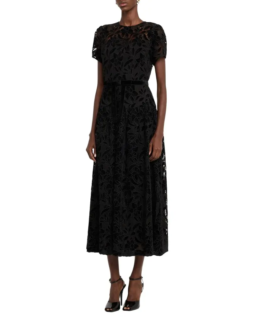 Shoshanna Farah Puff-Sleeve Velvet Lace Midi Dress