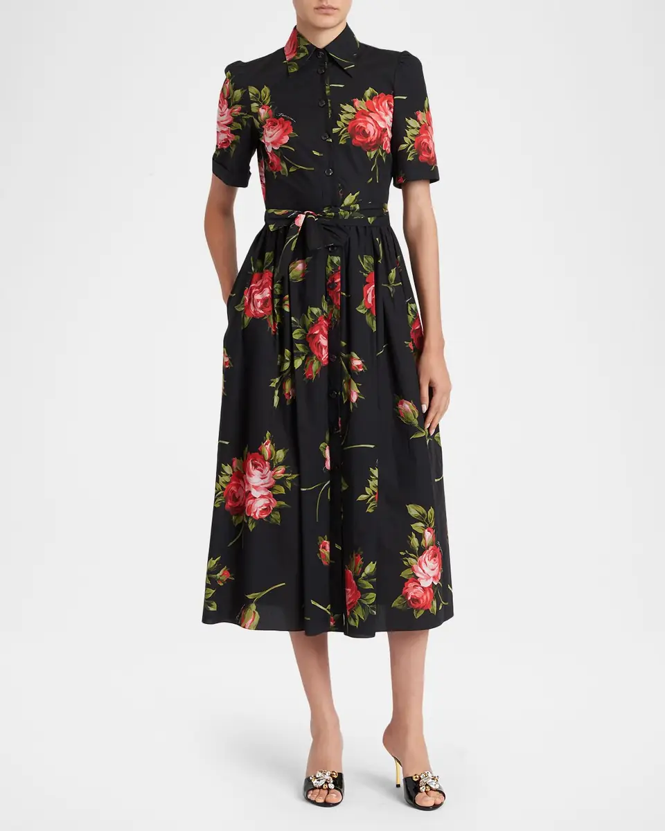 Dolce & Gabbana Floral Poplin Short-Sleeve Belted Midi Shirtdress | Thumbnail 2