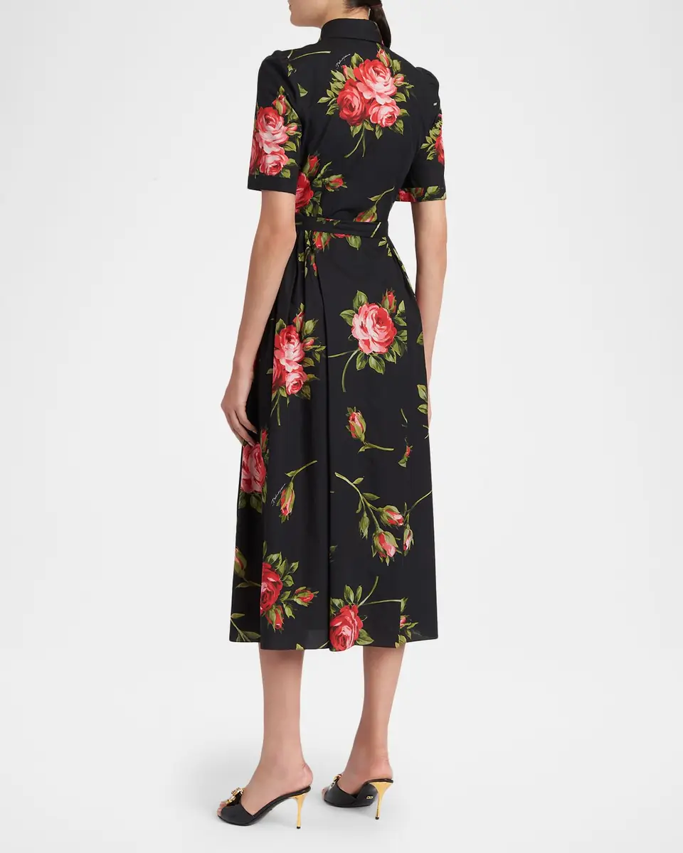 Dolce & Gabbana Floral Poplin Short-Sleeve Belted Midi Shirtdress | Thumbnail 3
