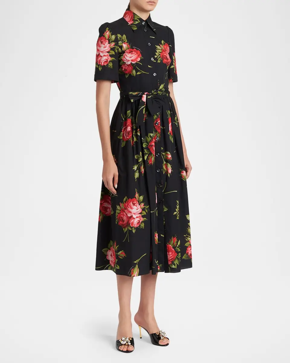 Dolce & Gabbana Floral Poplin Short-Sleeve Belted Midi Shirtdress | Thumbnail 4
