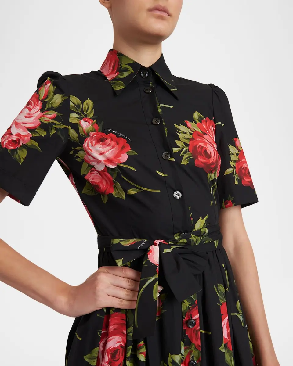 Dolce & Gabbana Floral Poplin Short-Sleeve Belted Midi Shirtdress | Thumbnail 5
