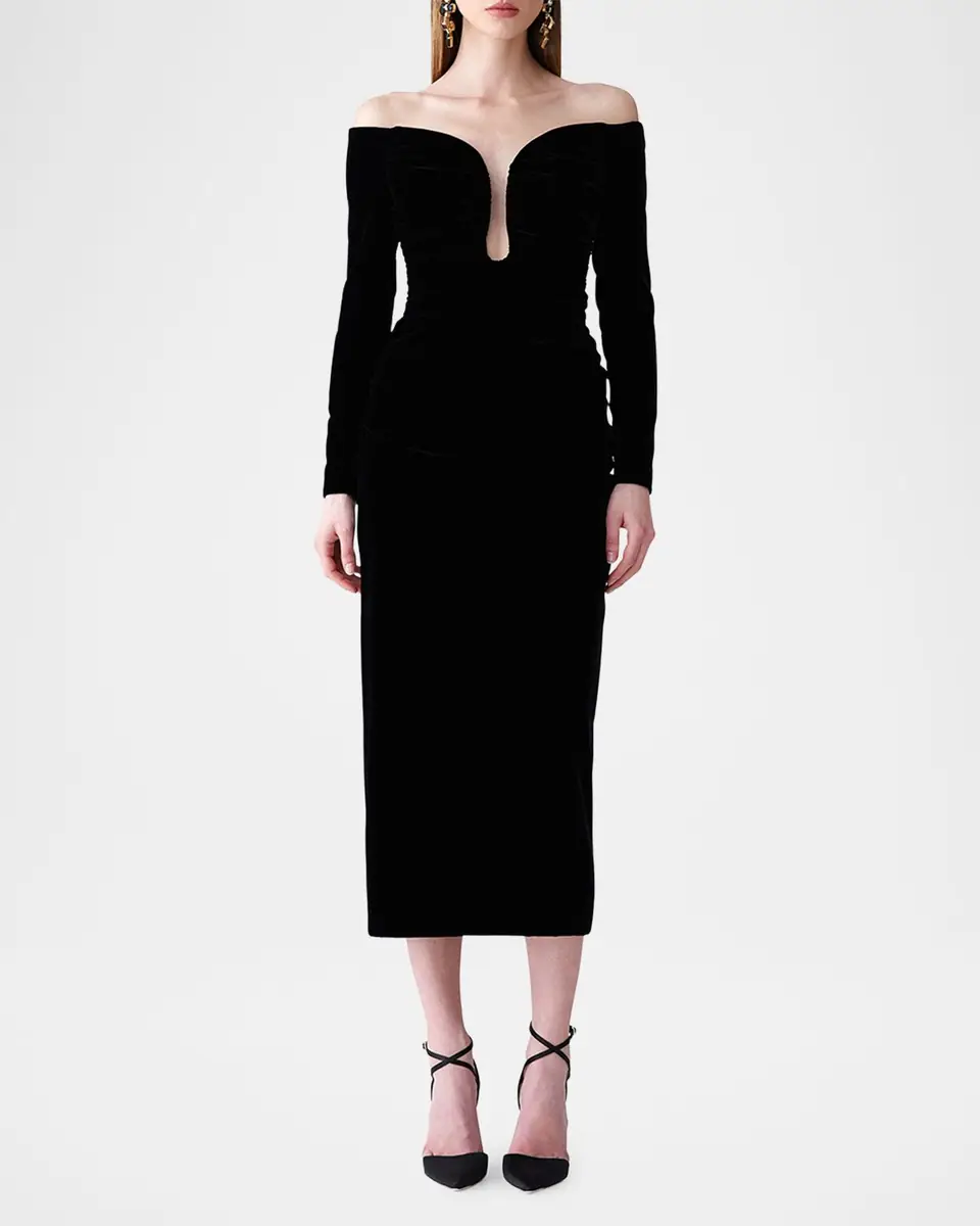 Carolina Herrera Ruched Plunging Off-Shoulder Velvet Midi Dress | Thumbnail 2