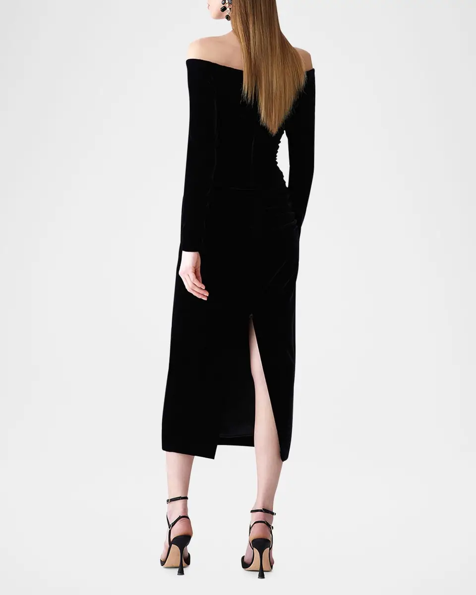 Carolina Herrera Ruched Plunging Off-Shoulder Velvet Midi Dress | Thumbnail 3
