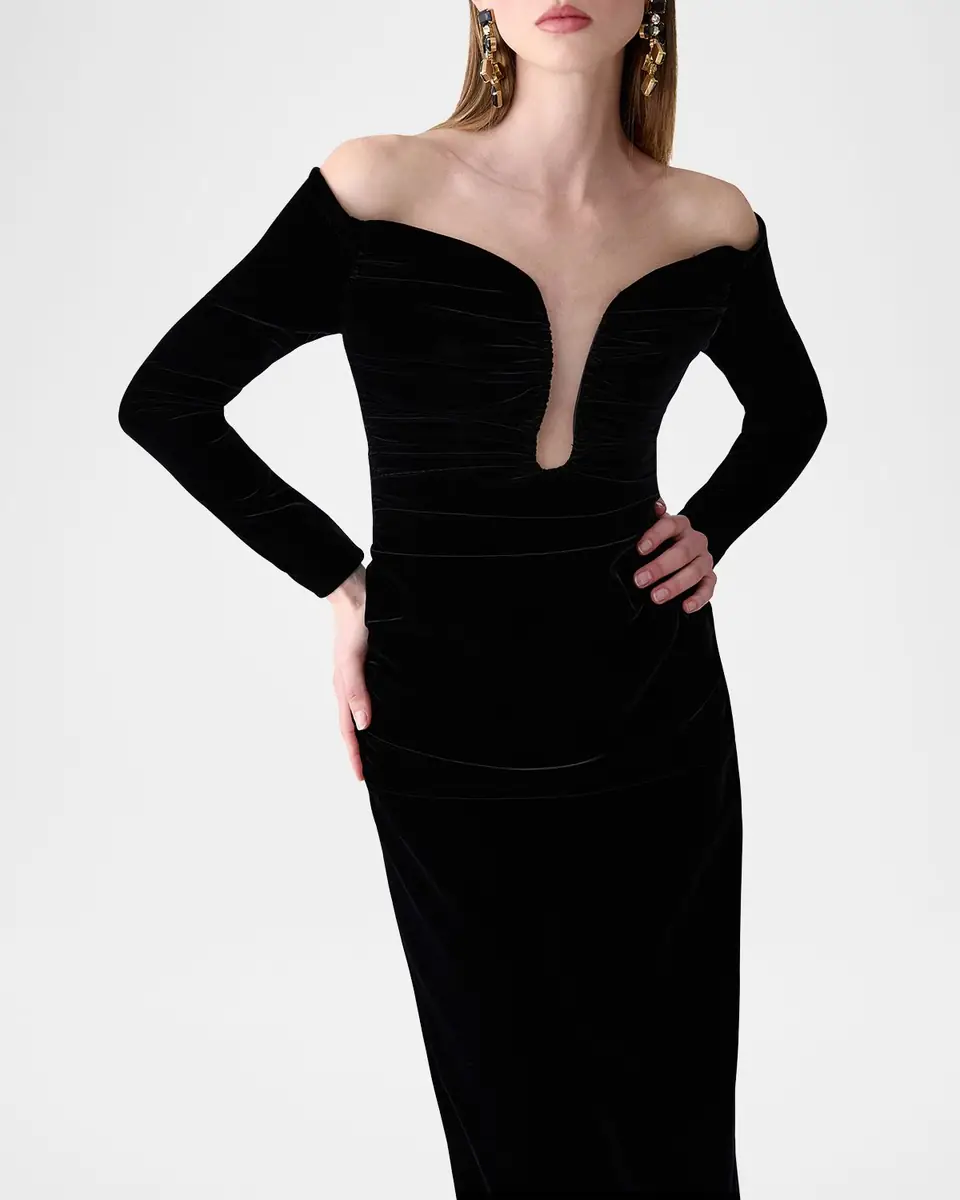 Carolina Herrera Ruched Plunging Off-Shoulder Velvet Midi Dress | Thumbnail 4