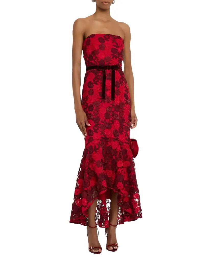 Shoshanna Cierra Strapless Floral Lace High-Low Gown | Image 1 Shoshanna Cierra Strapless Floral Lace High-Low Gown | Image 1