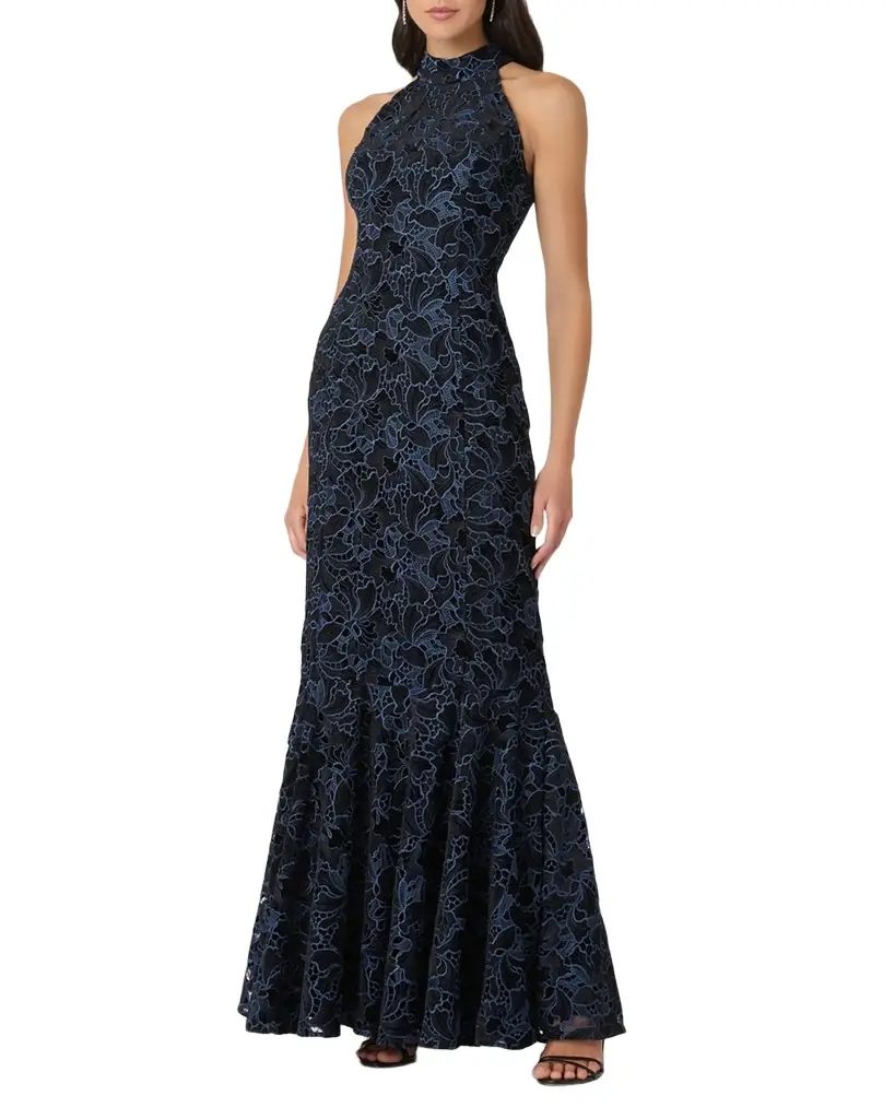 Shoshanna Marcia Velvet Floral Lace Halter Gown | Image 1 Shoshanna Marcia Velvet Floral Lace Halter Gown | Image 1
