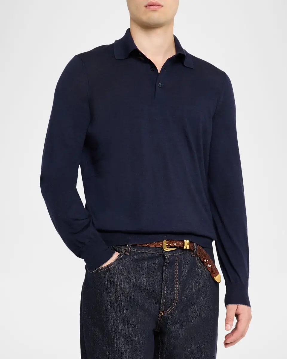 Brunello Cucinelli Men's Fine Gauge Wool-Cashmere Polo Shirt | Thumbnail 3 Brunello Cucinelli Men's Fine Gauge Wool-Cashmere Polo Shirt | Thumbnail 3