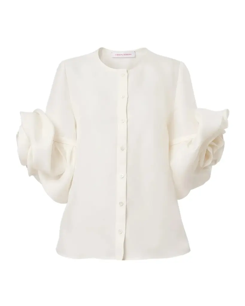 Rosette Silk Gazar Button-Front Blouse