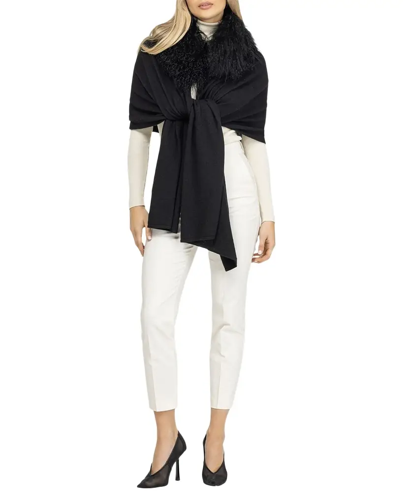 Gorski Wool-Blend Stole with Select Mongolian Lamb Trim | Image 1 Gorski Wool-Blend Stole with Select Mongolian Lamb Trim | Image 1
