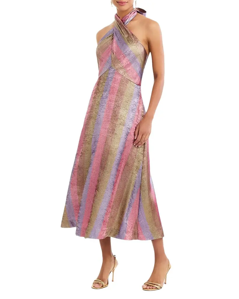 Mestiza New York Copacabana Metallic Striped Halter Midi Dress | Image 1 Mestiza New York Copacabana Metallic Striped Halter Midi Dress | Image 1