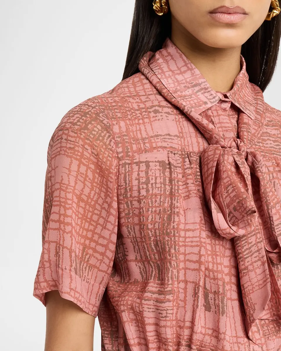 Kiton Check Silk Chiffon Short-Sleeve Midi Shirtdress | Thumbnail 4 Kiton Check Silk Chiffon Short-Sleeve Midi Shirtdress | Thumbnail 4