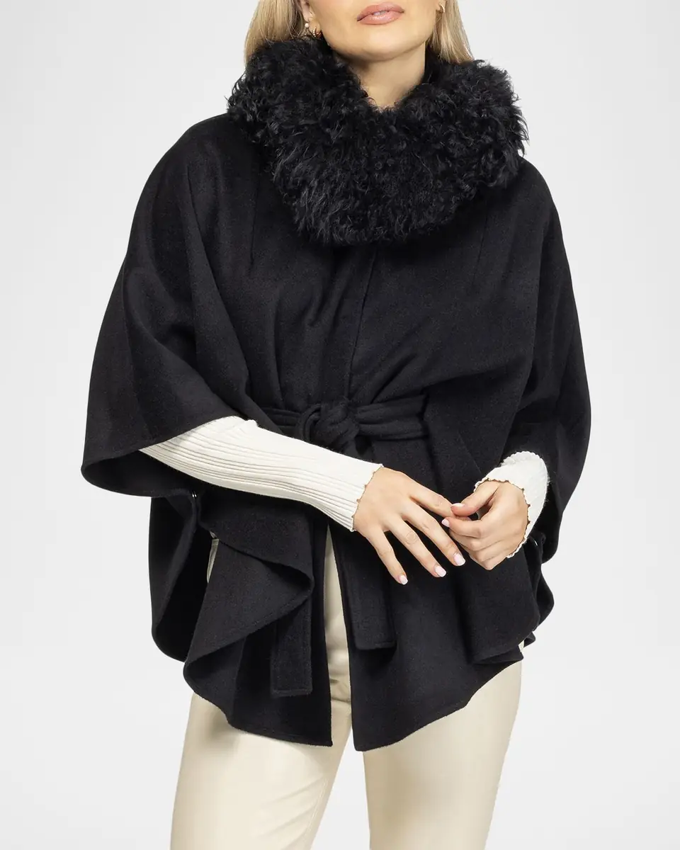 Gorski Select Wool Belted Cape with Select Lamb Collar | Thumbnail 3