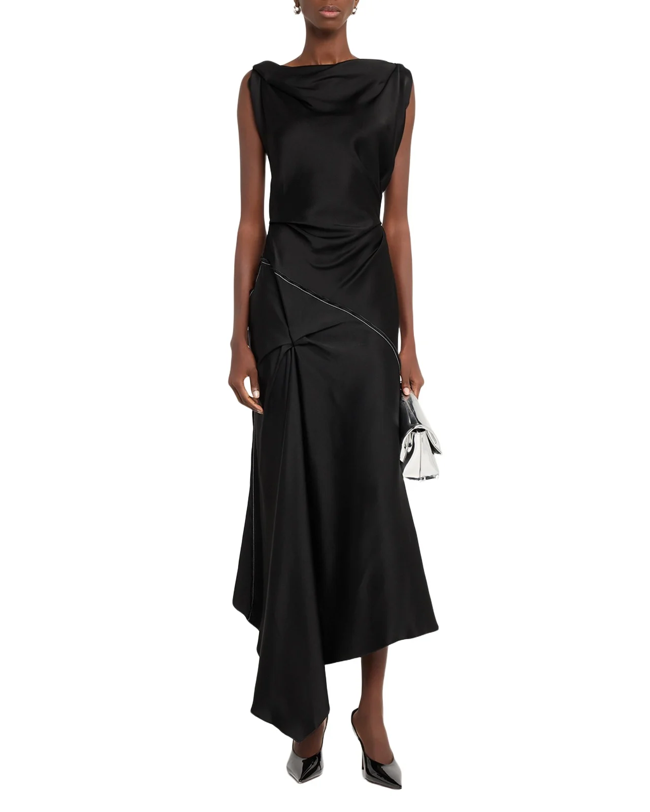 Asymmetric Draped Sleeveless Satin Midi Dress Asymmetric Draped Sleeveless Satin Midi Dress