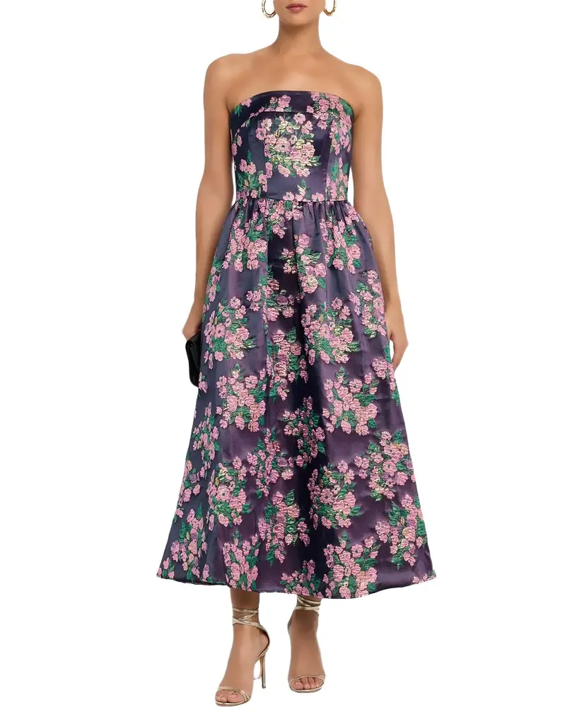 Shoshanna Dana Ruched Metallic Floral Jacquard Maxi Dress
