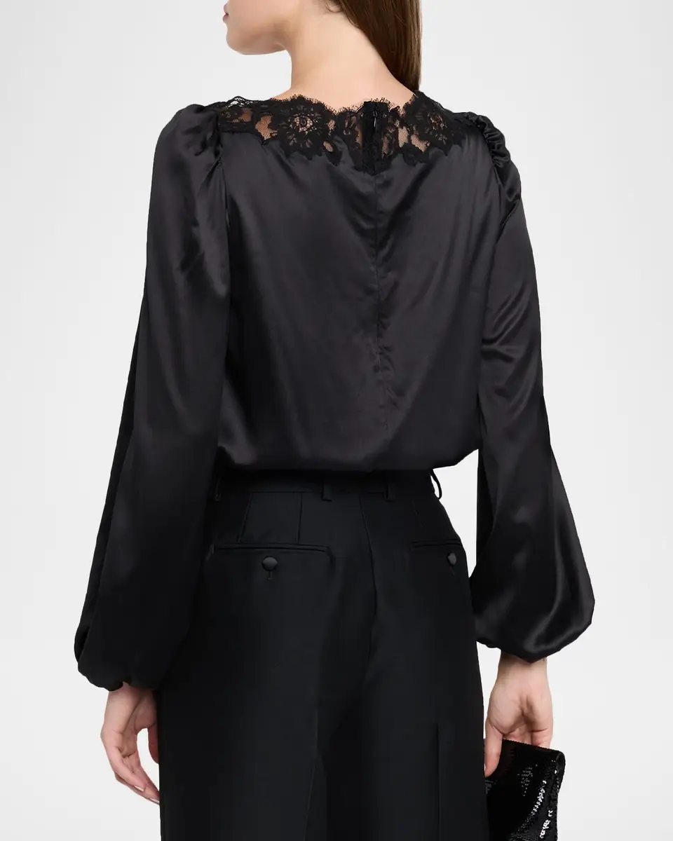 Dolce & Gabbana Lace-Trim Balloon-Sleeve Silk Blouse | Thumbnail 3