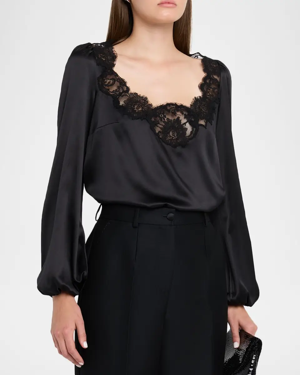 Dolce & Gabbana Lace-Trim Balloon-Sleeve Silk Blouse | Thumbnail 4