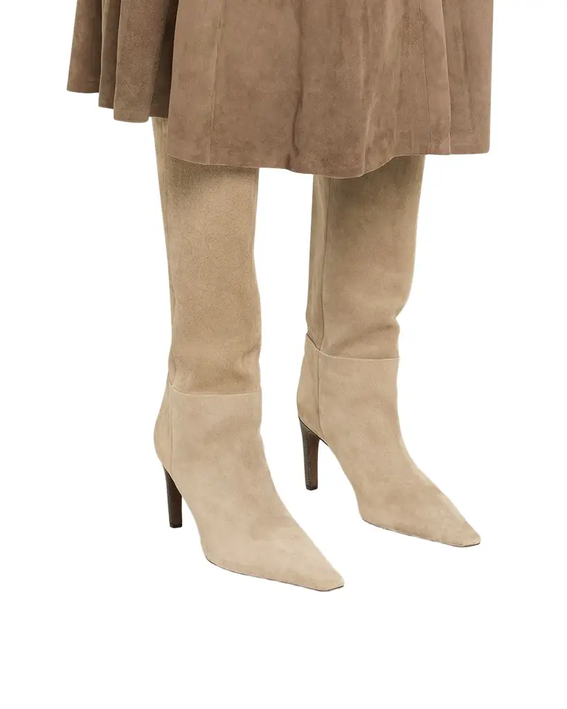 Brunello Cucinelli 85mm Soft Velour Knee-High Boots with Monili Heel | Image 1 Brunello Cucinelli 85mm Soft Velour Knee-High Boots with Monili Heel | Image 1