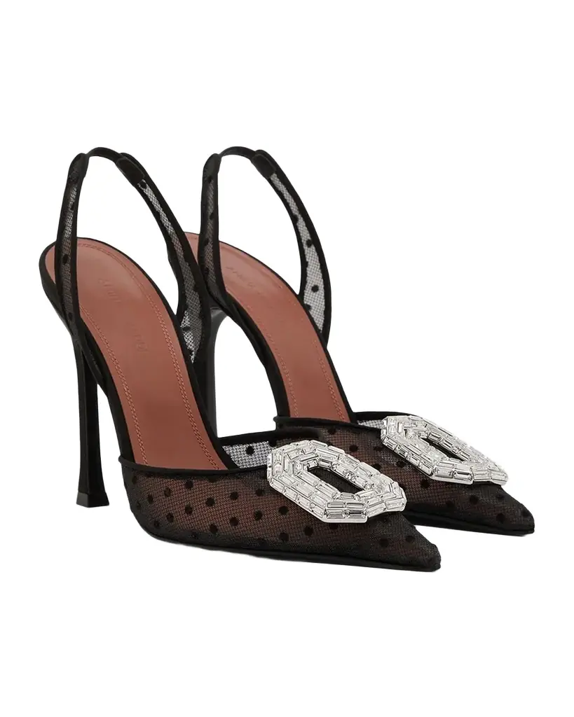 Amina Muaddi 105mm Camelia Polka-Dot Lace Slingback Pumps | Image 1 Amina Muaddi 105mm Camelia Polka-Dot Lace Slingback Pumps | Image 1