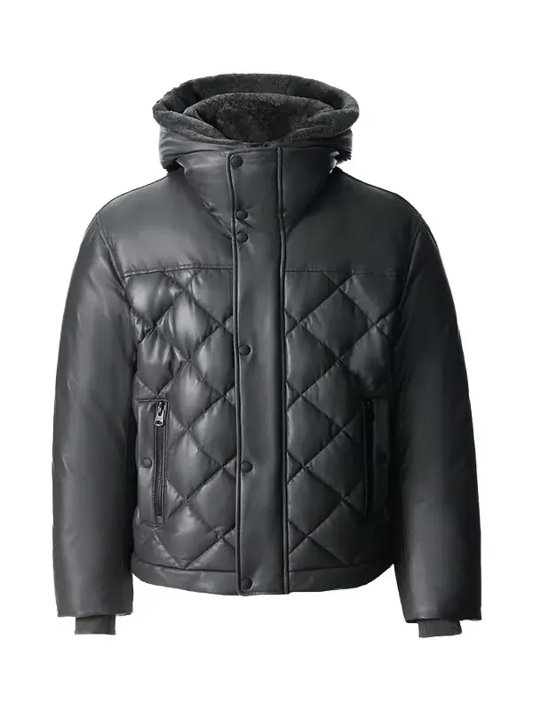 Men's Cash Down Quilted Leather Jacket with Shearling Hood Men's Cash Down Quilted Leather Jacket with Shearling Hood
