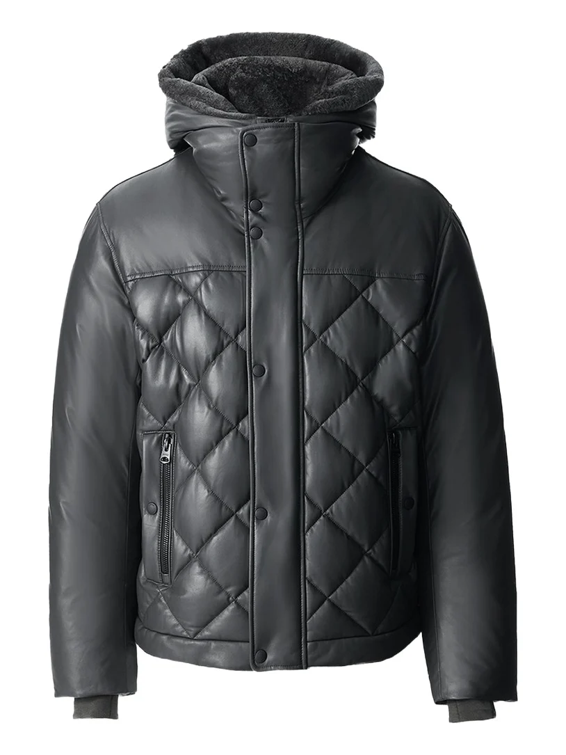 Men's Cash Down Quilted Leather Jacket with Shearling Hood Men's Cash Down Quilted Leather Jacket with Shearling Hood