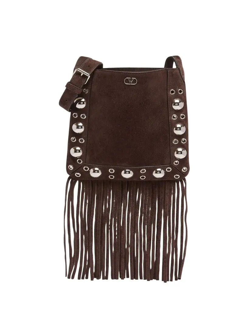 Valentino Garavani Small Studded Fringe Suede Crossbody Bag | Image 1 Valentino Garavani Small Studded Fringe Suede Crossbody Bag | Image 1