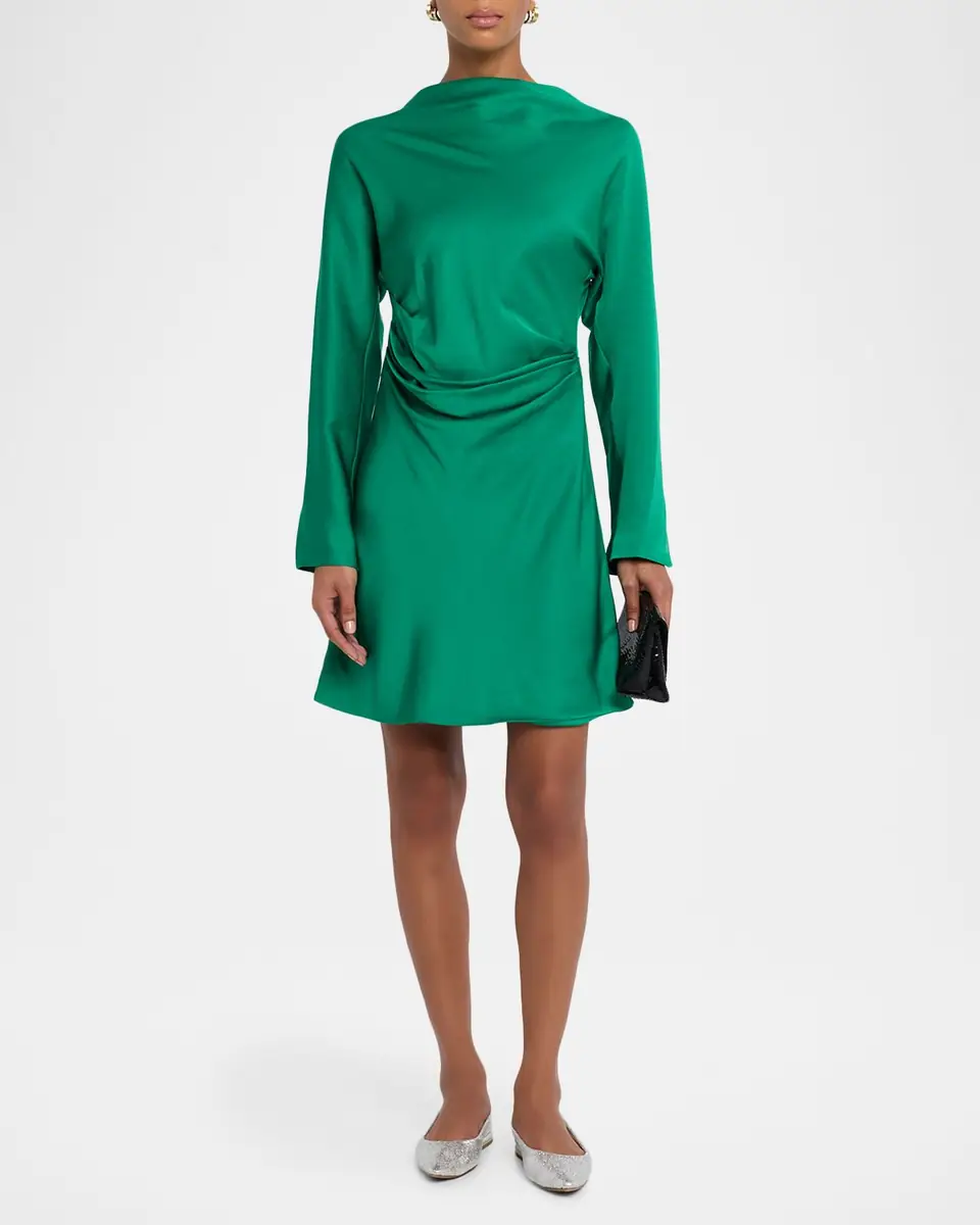 SIMKHAI Harpor Long-Sleeve Draped Satin Mini Dress | Thumbnail 2