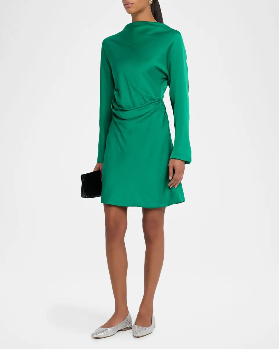 SIMKHAI Harpor Long-Sleeve Draped Satin Mini Dress | Thumbnail 4