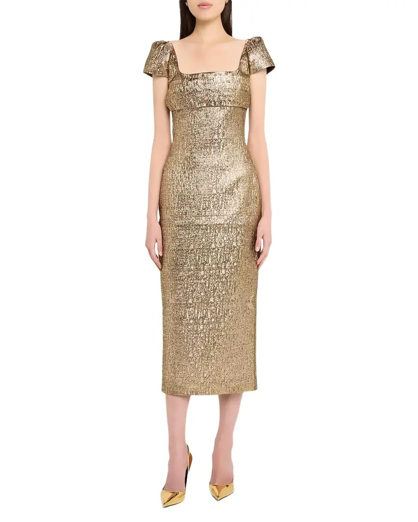 Pleated Drape Metallic Midi Dress