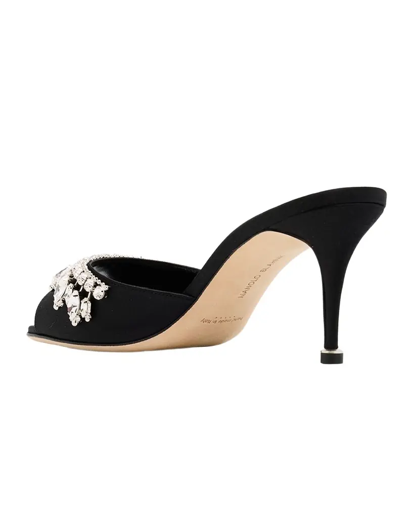 Manolo Blahnik 50mm Tulimu Embellished Satin Mules | Image 1 Manolo Blahnik 50mm Tulimu Embellished Satin Mules | Image 1