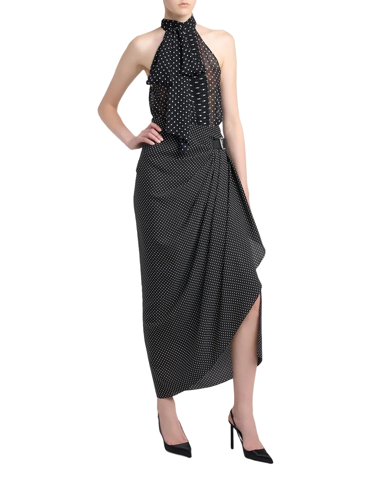Polka-Dot Silk Buckle Wrap Midi Skirt Polka-Dot Silk Buckle Wrap Midi Skirt