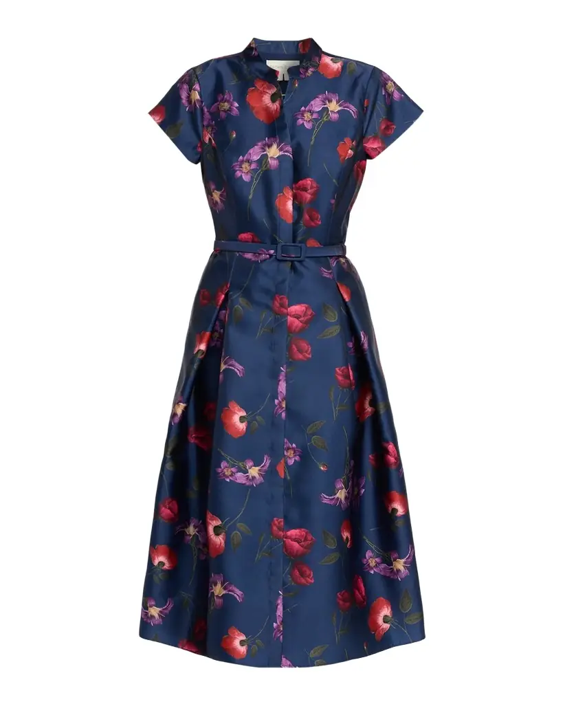 Martine Pleated Floral-Print Mikado Midi Dress