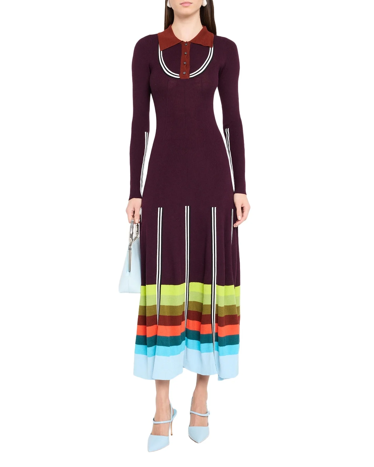 Striped Rib Long-Sleeve Maxi Polo Dress