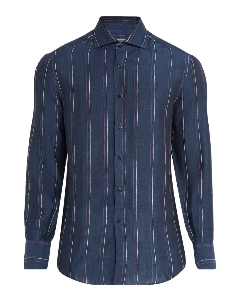 Brunello Cucinelli Men's Linen and Cotton Stripe Sport Shirt | Image 1 Brunello Cucinelli Men's Linen and Cotton Stripe Sport Shirt | Image 1