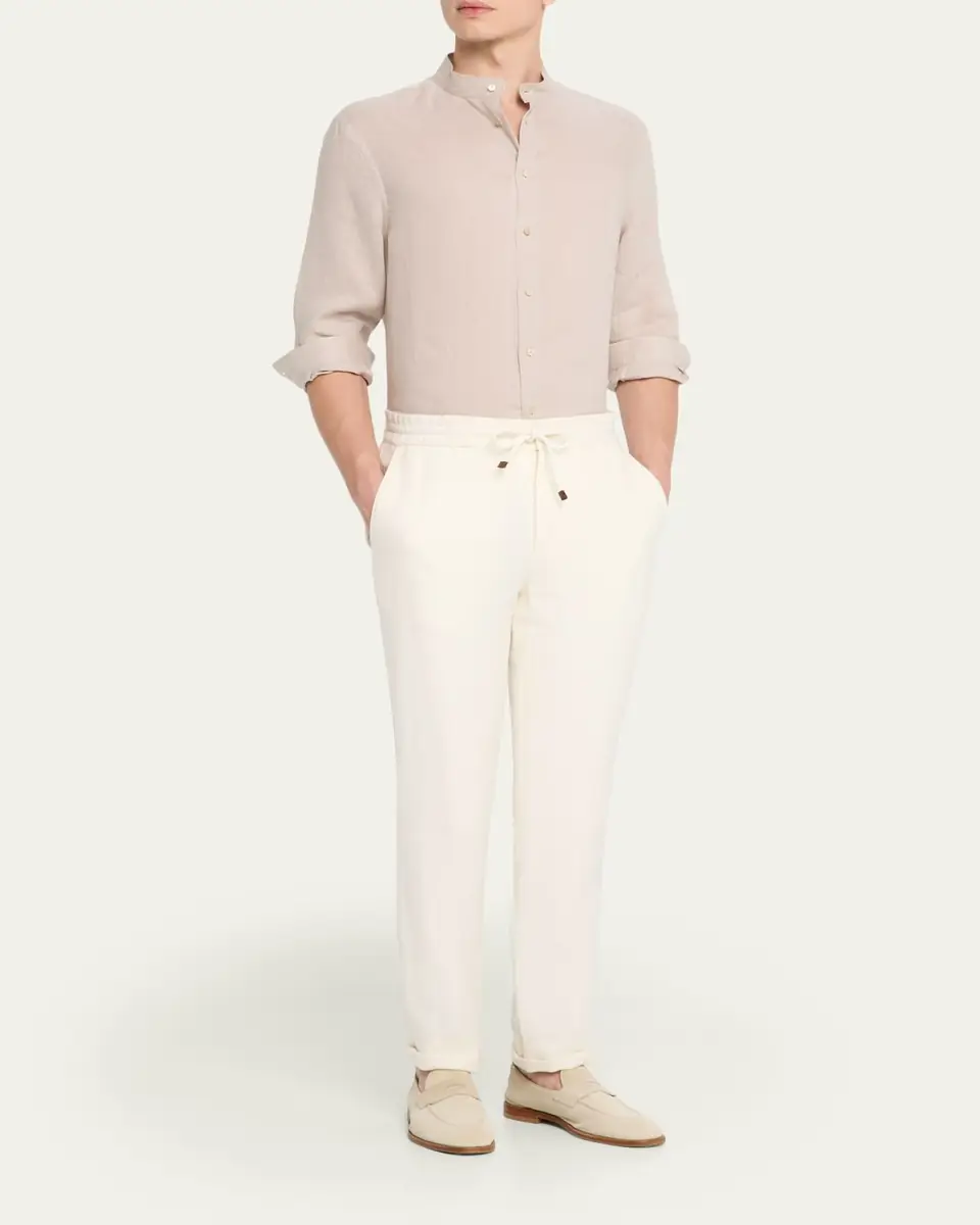 Brunello Cucinelli Men's Linen and Cotton Band Collar Button-Down Shirt | Thumbnail 2