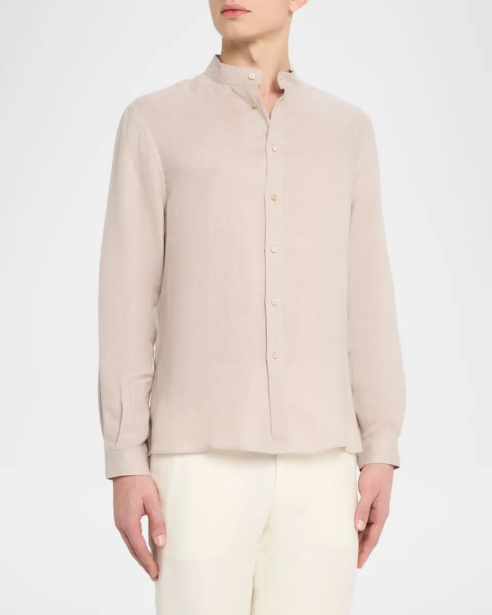 Brunello Cucinelli Men's Linen and Cotton Band Collar Button-Down Shirt | Thumbnail 12
