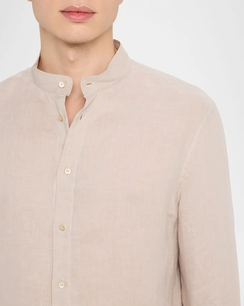 Brunello Cucinelli Men's Linen and Cotton Band Collar Button-Down Shirt | Thumbnail 13