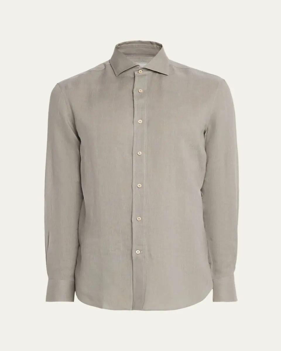 Brunello Cucinelli Men's Linen and Cotton Band Collar Button-Down Shirt | Thumbnail 14