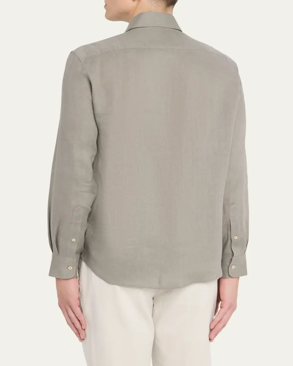 Brunello Cucinelli Men's Linen and Cotton Band Collar Button-Down Shirt | Thumbnail 16