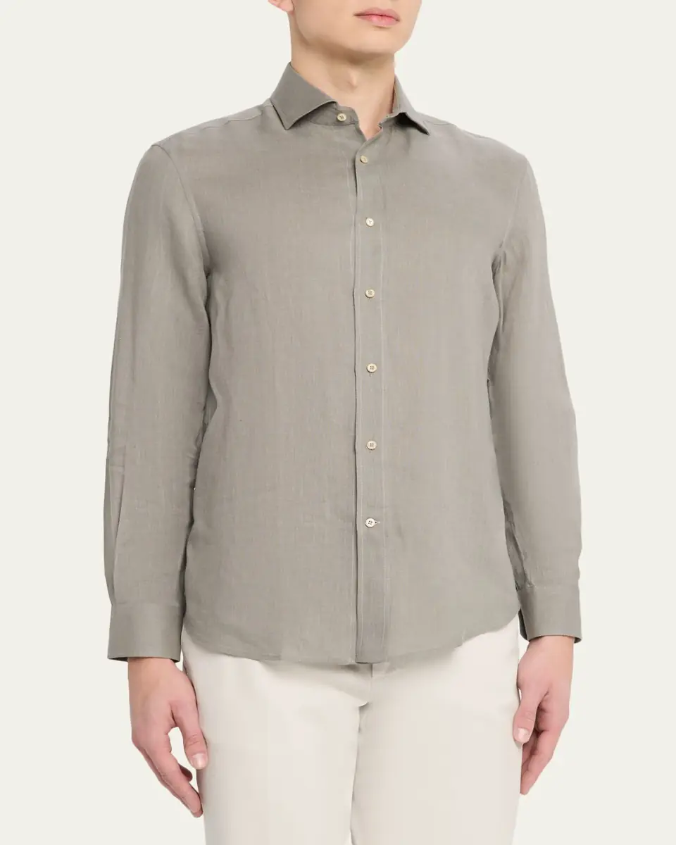 Brunello Cucinelli Men's Linen and Cotton Band Collar Button-Down Shirt | Thumbnail 17
