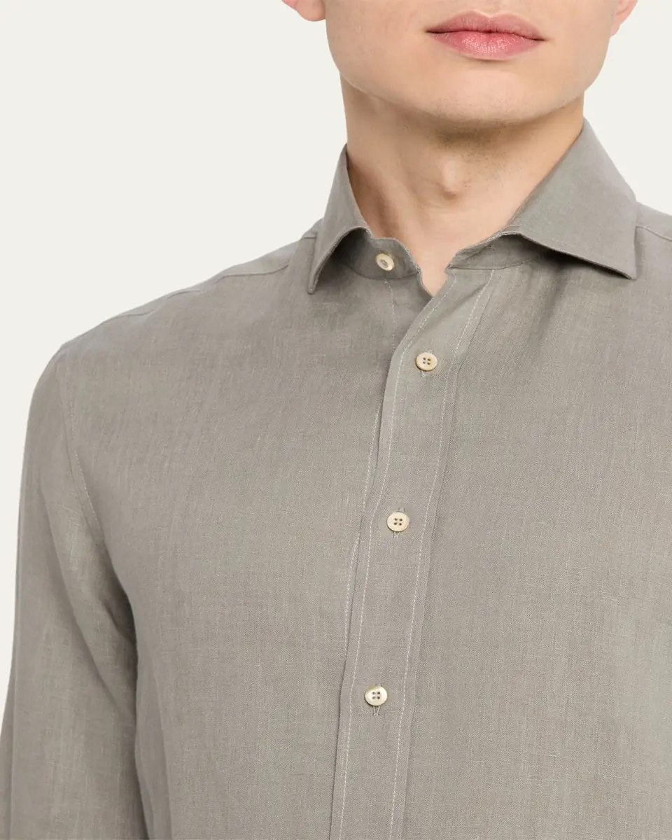 Brunello Cucinelli Men's Linen and Cotton Band Collar Button-Down Shirt | Thumbnail 18
