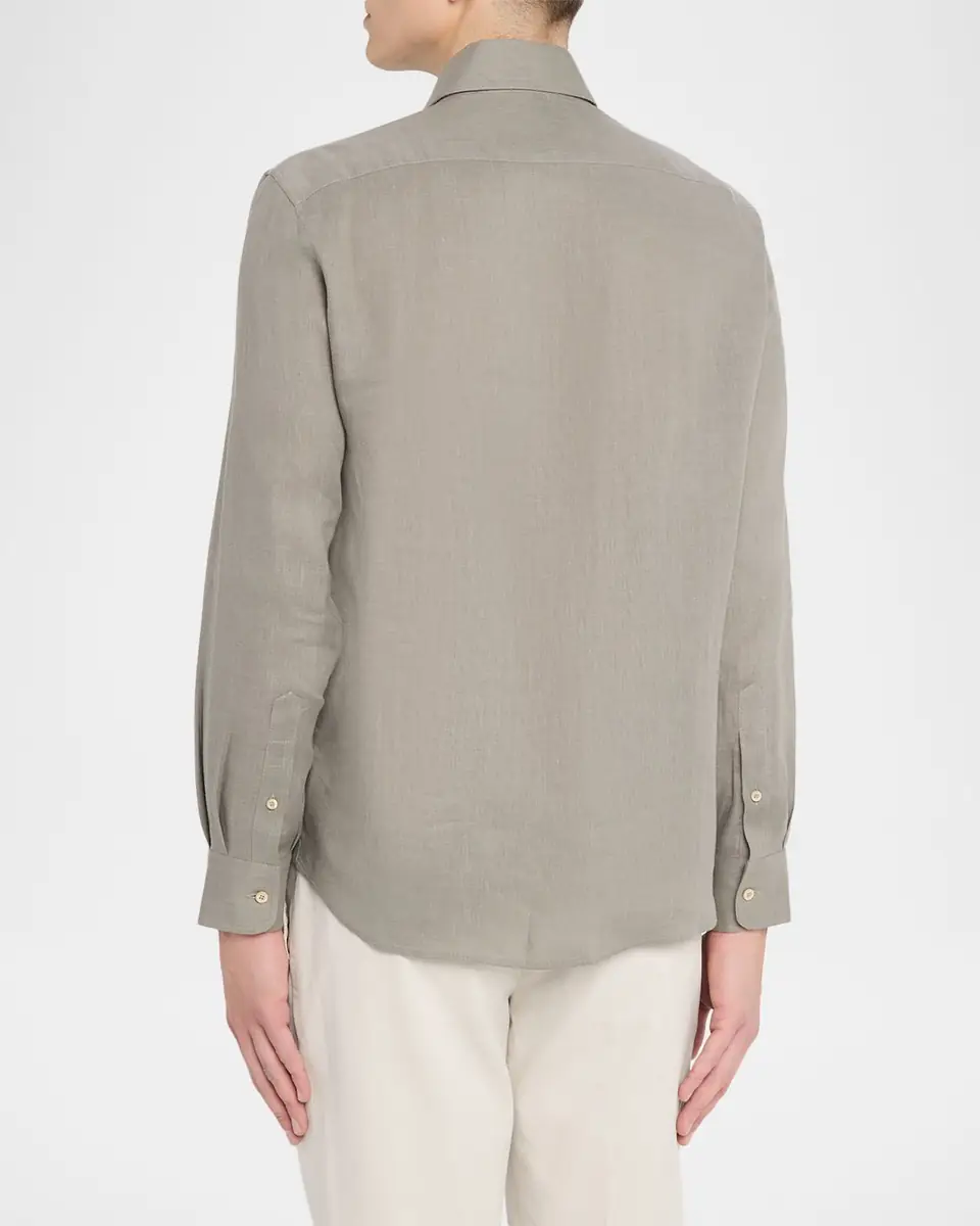Brunello Cucinelli Men's Linen and Cotton Band Collar Button-Down Shirt | Thumbnail 20
